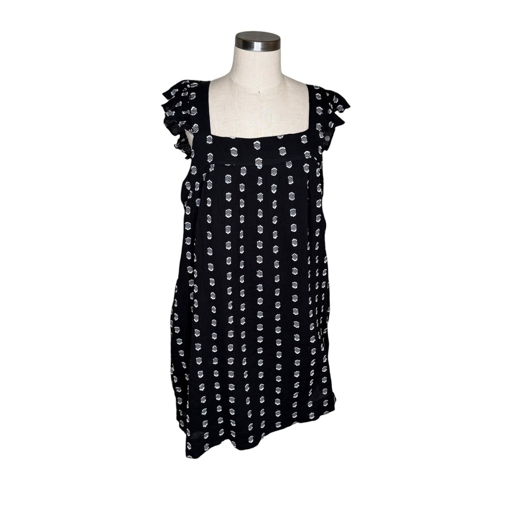 LOFT Dress Black White Embroidered Flutter Sleeve Women's Large NEW